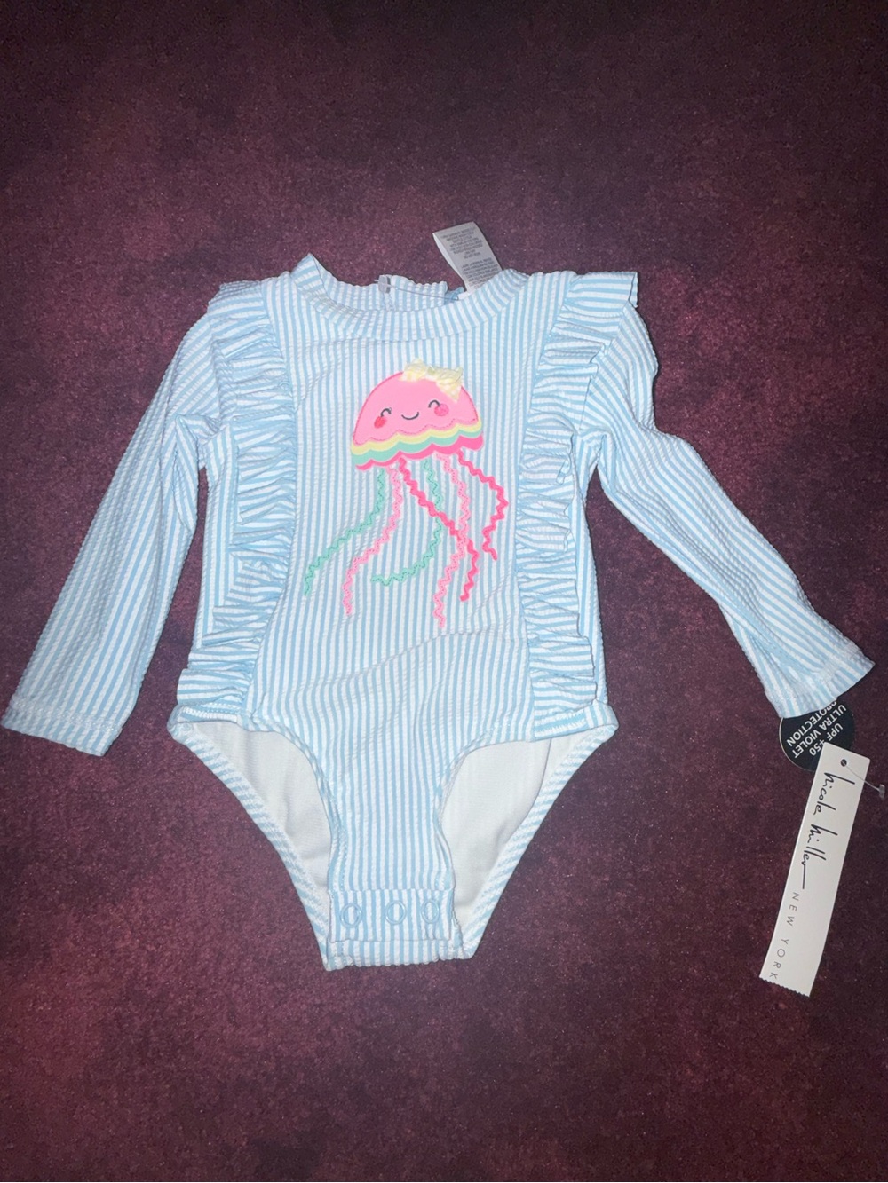 NWT Baby Girl Nicole Miller Bathing Suit Ruffles 12 Mo Jellyfish long sleeve